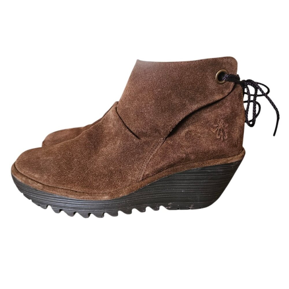 Fly London Brown Wedge Ankle Boots Suede Slip On Size 10 EU 40 Laceup Back